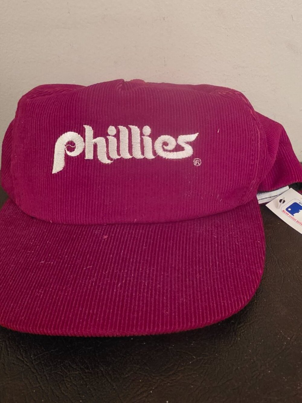 Vintage 80s Philadelphia Phillies Champion Corduroy Snapback Hat in Burgundy